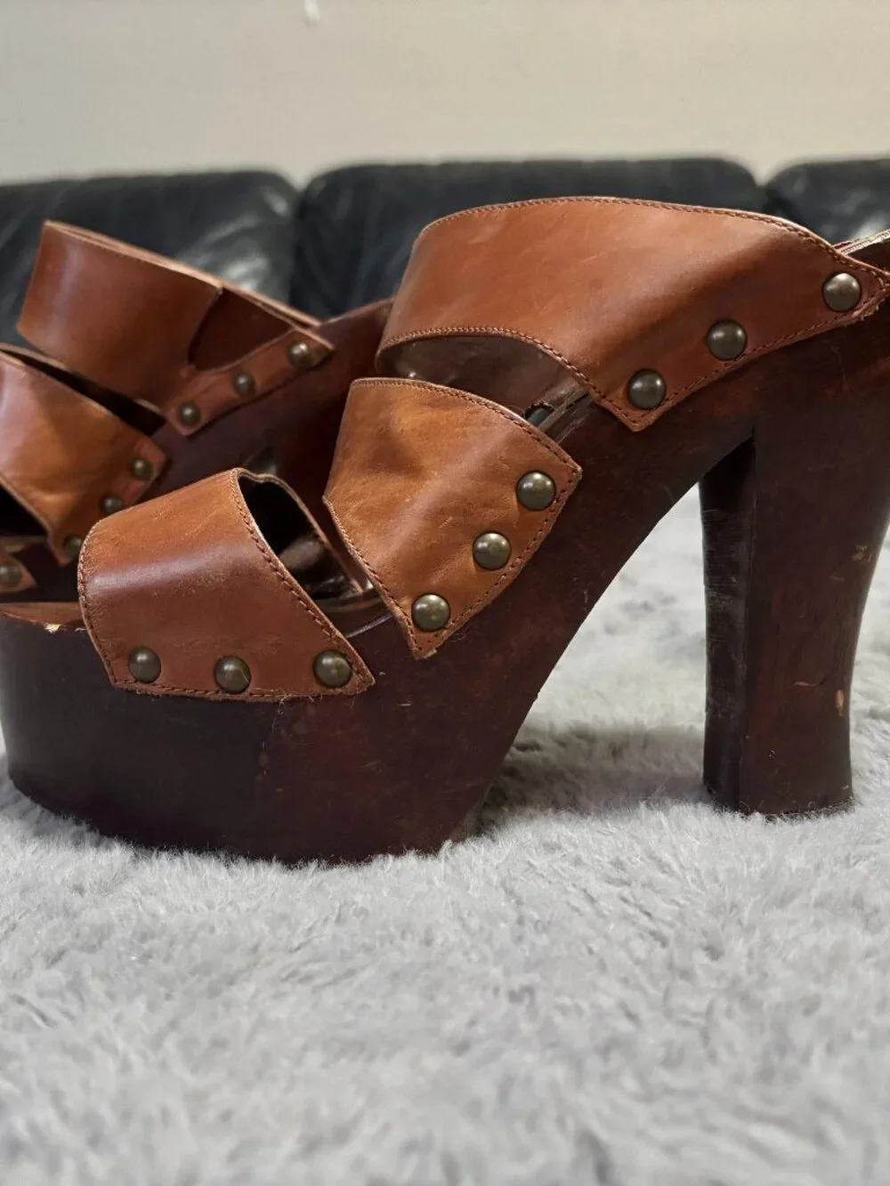 Wild Pair Brown Leather Studded Platform Heels